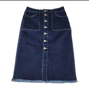 KanCan Womens Raw Hem Midi Denim Button Front Skirt Medium Front Pockets Boho